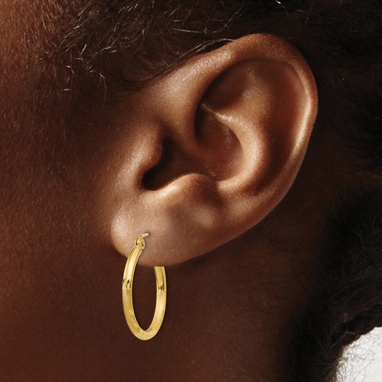14k 2x20mm Satin Diamond-cut Round Tube Hoop Earrings
