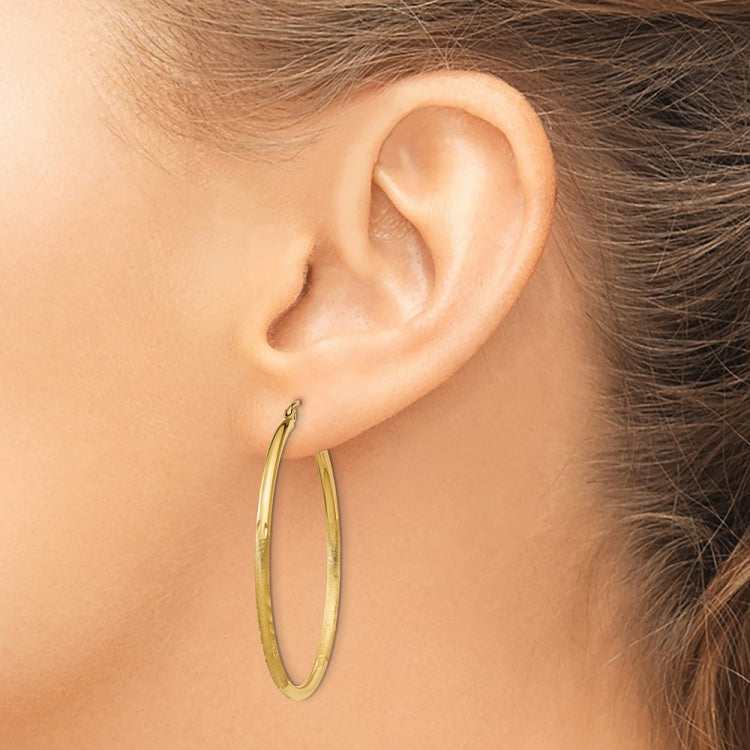 14k 2x40mm Satin Diamond-cut Round Tube Hoop Earrings