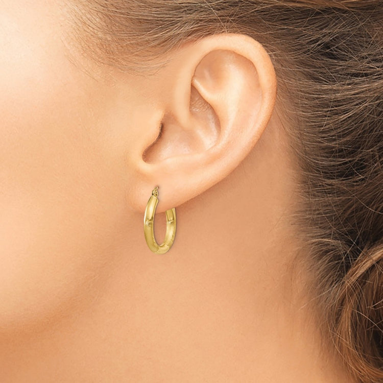 14k 3x20mm Satin Diamond-cut Round Tube Hoop Earrings