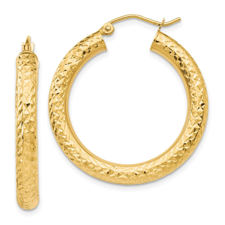 14k 4x30mm Diamond-cut Round Tube Hoop Earrings