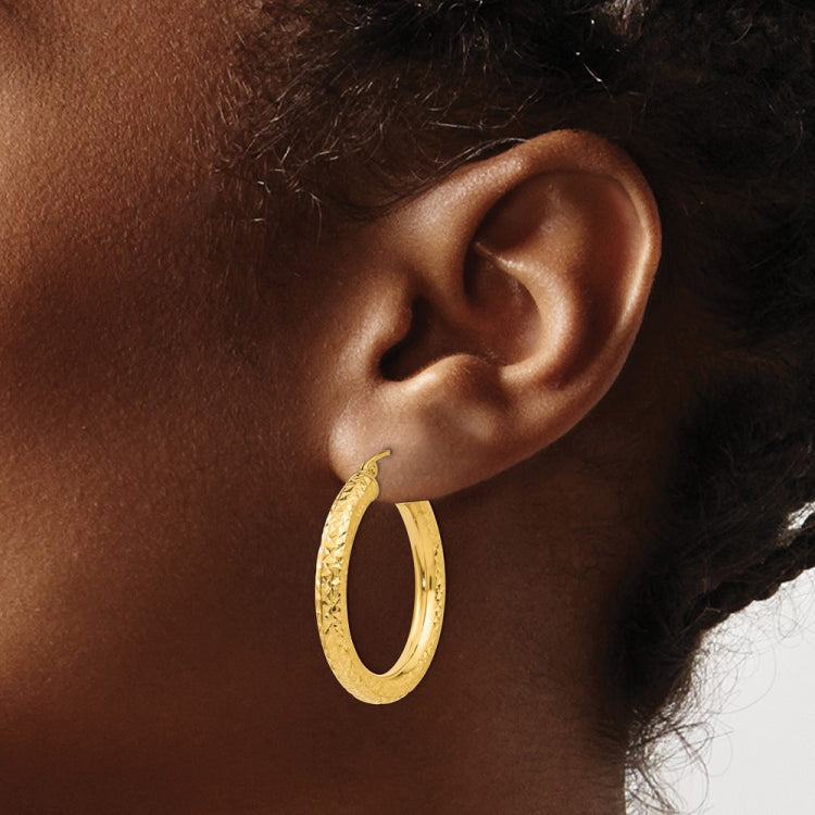 14k 4x30mm Diamond-cut Round Tube Hoop Earrings