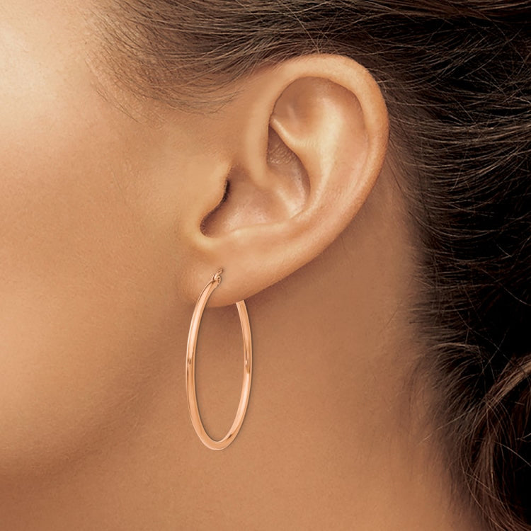 14k Rose Gold 2x40mm Polished Lightweight Tube Hoop Earrings