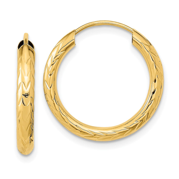 14k 3.00x20mm Polished Diamond-cut Endless Tube Hoop Earrings